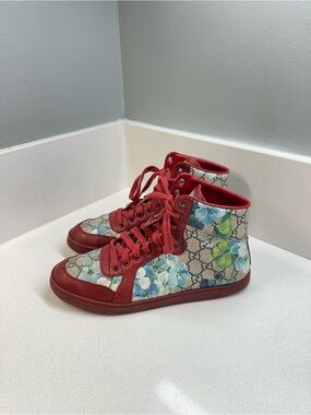 Gucci GG Supreme Floral High Top Sneakers Red Leather Canvas Women’s Shoes